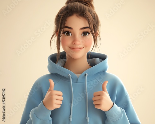 Young adult female in blue hoodie, cartoon style, showing thumbs up and smiling, 3D design, light background, successful human expression photo