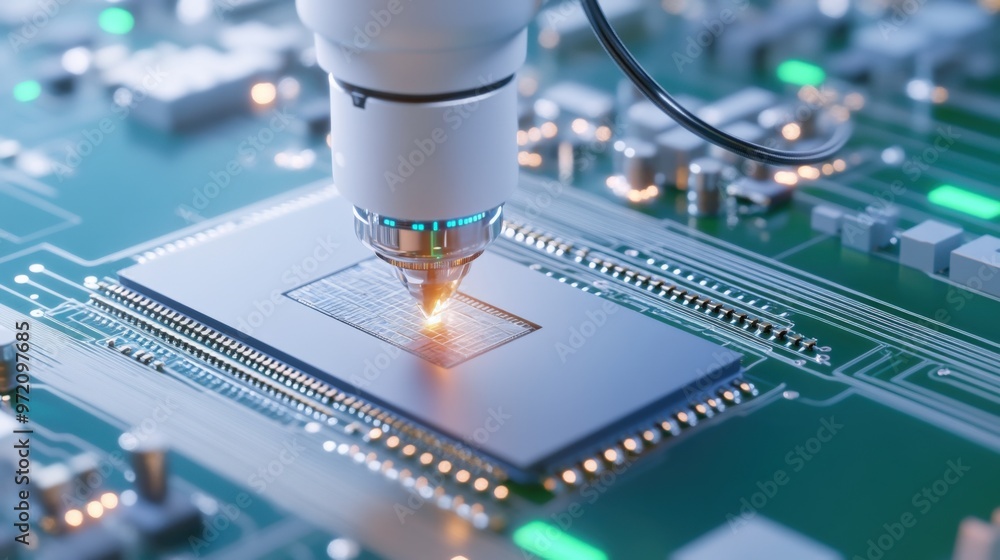 A close-up view of a laser engraving process on a microchip, showcasing advanced technology and precision in electronics manufacturing. A close-up view of a laser engraving process on a microchip, showcasing advanced technology and precision in electronics manufacturing.