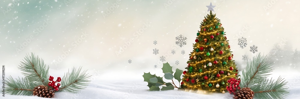 Enchanting Christmas Background with Festive Decorations, Snowflakes, and Twinkling Lights for Holiday Celebrations Enchanting Christmas Background with Festive Decorations, Snowflakes, and Twinkling Lights for Holiday Celebrations