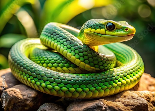 A close-up of a green snake with yellow stripes coiled on a rock under the warm sunlight, its scales glistening softly.