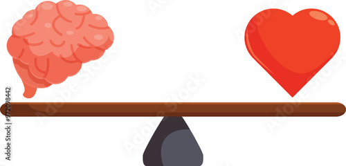 Brain and a heart are balancing perfectly on a seesaw, symbolizing the importance of finding equilibrium between logic and feelings