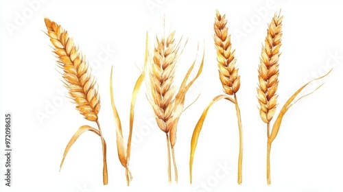 Watercolor illustration ears of wheat on white background,Colorful background for fabric,Hand drawn,Agriculture Farm Fresh Healthy Tasty Organic Bread Food,Vector illustration of ears element.