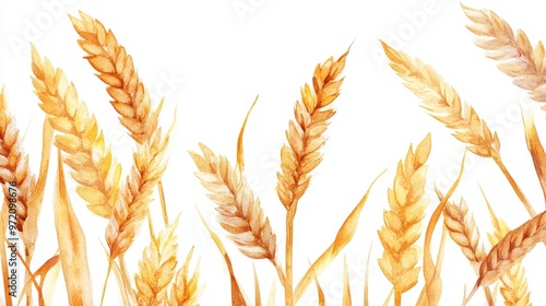 Watercolor illustration ears of wheat on white background,Colorful background for fabric,Hand drawn,Agriculture Farm Fresh Healthy Tasty Organic Bread Food,Vector illustration of ears element.