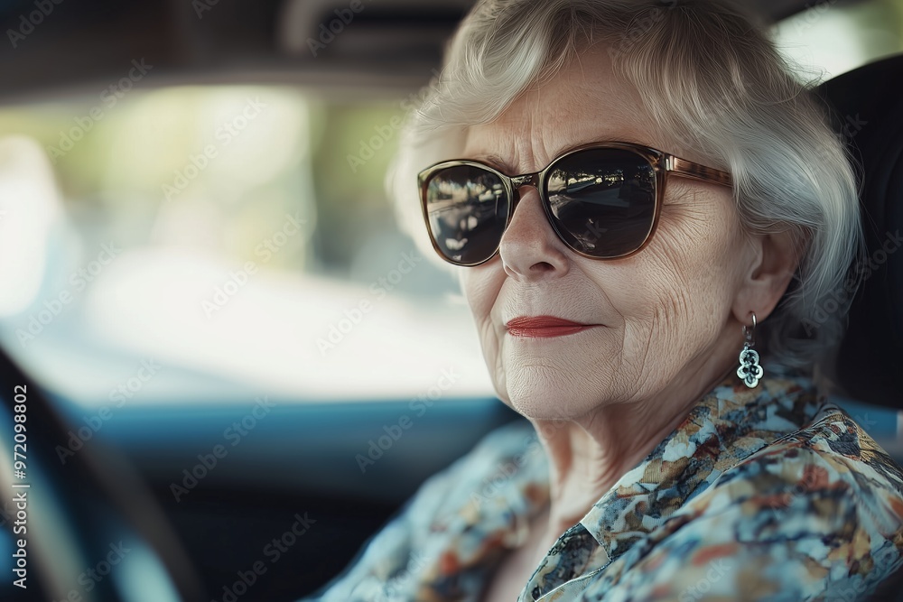 Confident elderly woman wearing sunglasses, driving a car, reflecting independence and style. Confident elderly woman wearing sunglasses, driving a car, reflecting independence and style.