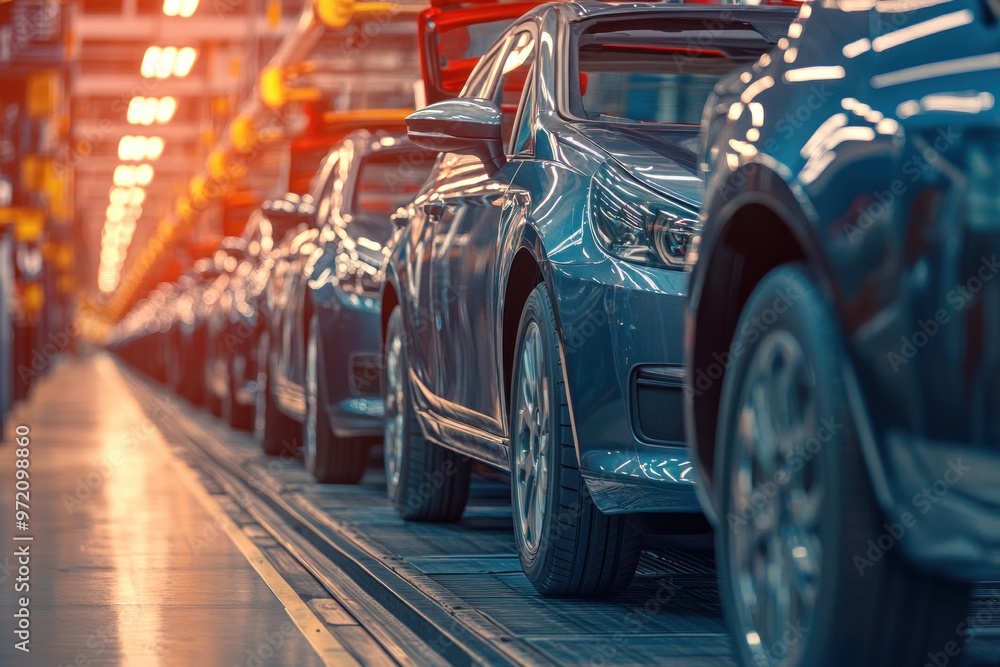New Cars on a Factory Assembly Line New Cars on a Factory Assembly Line
