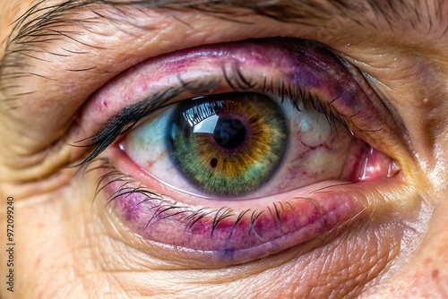 * A dark purple and greenish discolored eye socket, clearly bruised with visible blood vessels and a swollen eyelid, suggesting severe trauma. photo