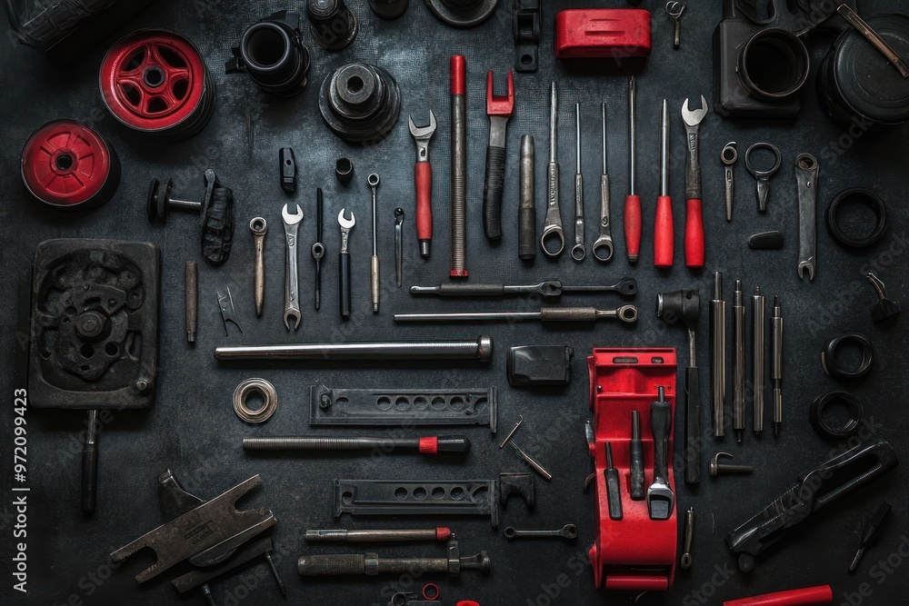 An Arrangement of Automotive Tools and Parts on a Black Surface An Arrangement of Automotive Tools and Parts on a Black Surface