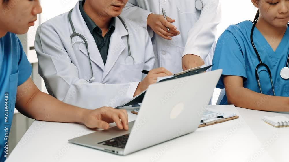 Professional group of medical working and planning medical treatment or healthcare system at hospital table together. Teamwork lead to successful illness and sickness treatment. Slow motion. Rigid. Professional group of medical working and planning medical treatment or healthcare system at hospital table together. Teamwork lead to successful illness and sickness treatment. Slow motion. Rigid.