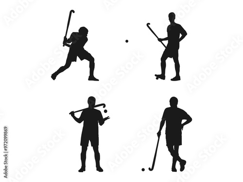 Floorball player running with ball, vector silhouette. hockey player silhouette. silhouette of hockey player gestures, poses, expressions. Set of silhouettes of hockey player on white background. 