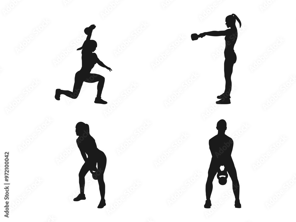 Strong woman training with heavy kettlebell, lifting it up with hand. Set silhouette muscular Woman holding kettle bell. Black silhouette of kettlebell isolated on white background. Strong woman training with heavy kettlebell, lifting it up with hand. Set silhouette muscular Woman holding kettle bell. Black silhouette of kettlebell isolated on white background.