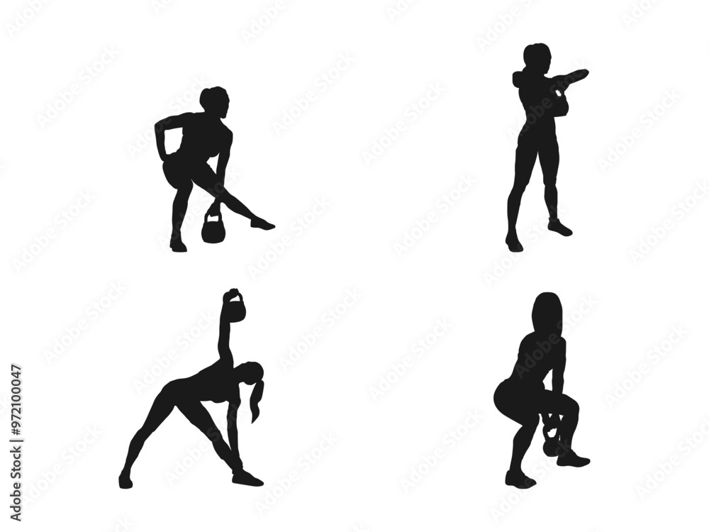 Strong woman training with heavy kettlebell, lifting it up with hand. Set silhouette muscular Woman holding kettle bell. Black silhouette of kettlebell isolated on white background. Strong woman training with heavy kettlebell, lifting it up with hand. Set silhouette muscular Woman holding kettle bell. Black silhouette of kettlebell isolated on white background.