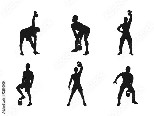 Strong man training with heavy kettlebell, lifting it up with hand. Set silhouette muscular man holding kettle bell. Black silhouette of man holding kettlebell isolated on white background.