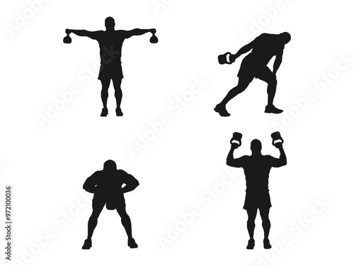 Strong man training with heavy kettlebell, lifting it up with hand. Set silhouette muscular man holding kettle bell. Black silhouette of man holding kettlebell isolated on white background.