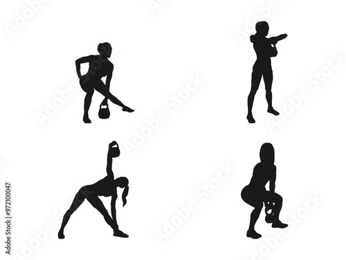 Strong woman training with heavy kettlebell, lifting it up with hand. Set silhouette muscular Woman holding kettle bell. Black silhouette of kettlebell isolated on white background.