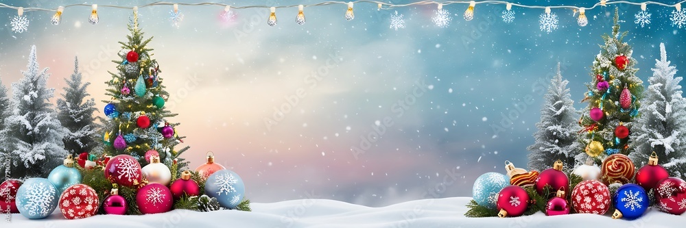 Naklejka premium Enchanting Christmas Background with Festive Decorations, Snowflakes, and Twinkling Lights for Holiday Celebrations