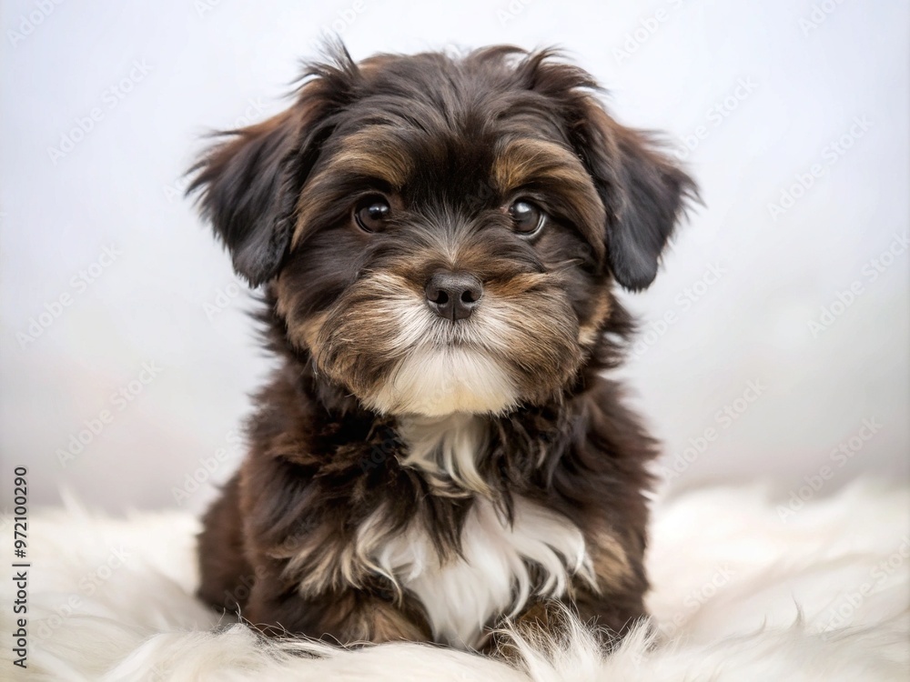 Adorable black Shih Tzu Maltese mix puppy with big brown eyes, fluffy fur, and a sweet expression sits on a soft white background. Adorable black Shih Tzu Maltese mix puppy with big brown eyes, fluffy fur, and a sweet expression sits on a soft white background.