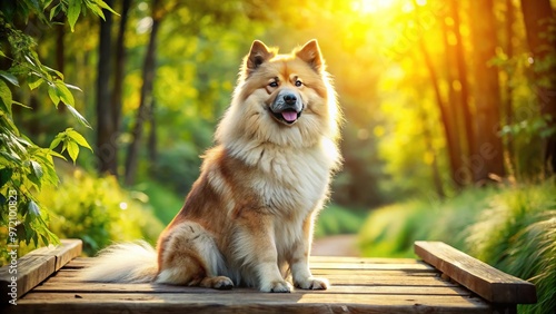 A Eurasier dog relaxes on a wooden platform, its fluffy coat shining in warm sunlight, surrounded by vibrant greenery and peaceful serenity. photo