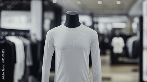 White long-sleeve t-shirt displayed on a full torso mannequin, showcasing a classic and versatile garment in a clean, detailed setting. Ideal for highlighting apparel design and fashion presentation.