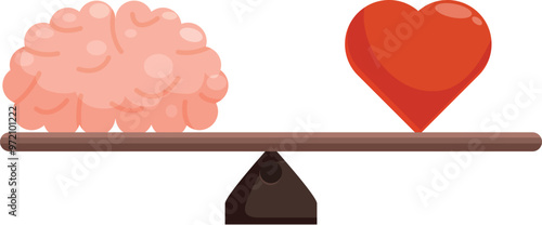 Seesaw balancing a brain and a heart representing the complex relationship between logic and emotion