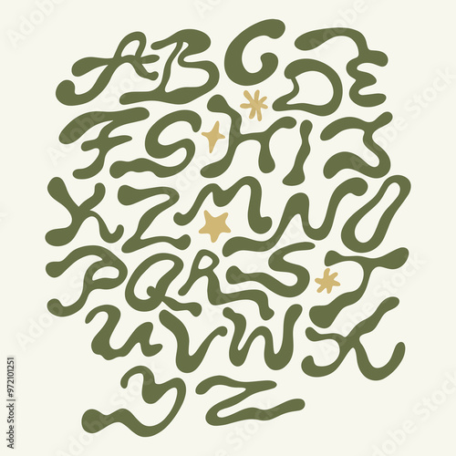 Hippie green liquid ethnic bohemian groovy ornate shamanic postmodern funky font, stylized alphabet 1960s, boho psychedelic style. Perfect for posters, collages, clothing, music albums and more