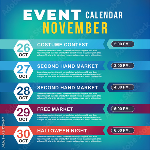 November upcoming events schedule template. timeline event schedule. vector template