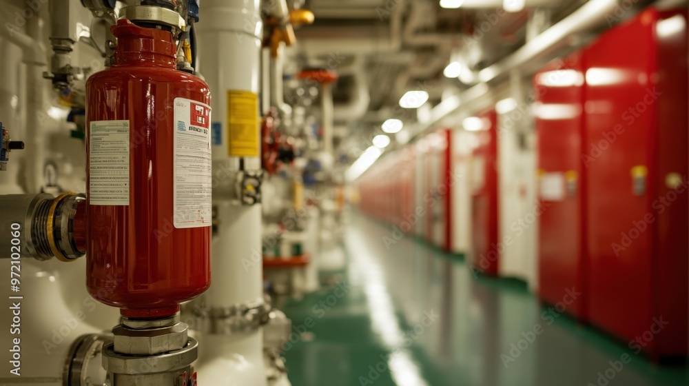A detailed view of industrial piping and valves in a corridor, showcasing modern infrastructure and safety equipment. A detailed view of industrial piping and valves in a corridor, showcasing modern infrastructure and safety equipment.