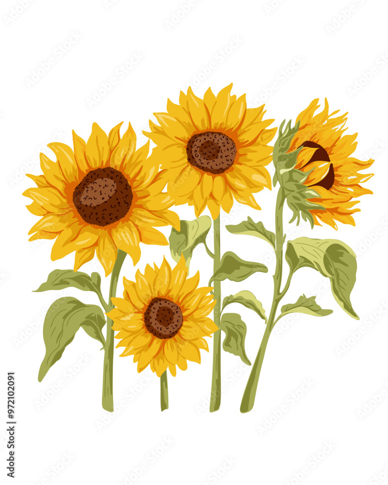 Fototapeta premium Set of opened sunflower flowers on a white background