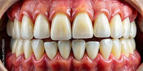 A human adult's dental arch features canine teeth with pointed tips and curved shape, nestled among surrounding incisors and premolars. photo