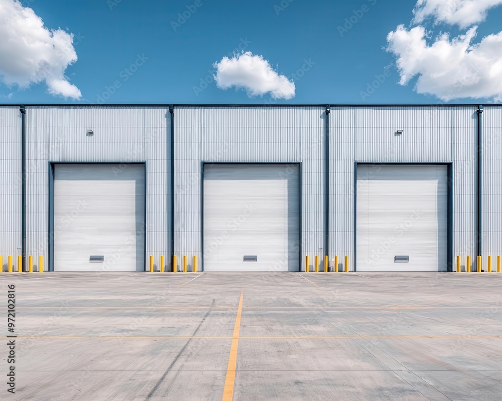 Exterior of a large warehouse with wide-open spaces, steel structure, minimalist design, surrounded by parking lots Exterior of a large warehouse with wide-open spaces, steel structure, minimalist design, surrounded by parking lots