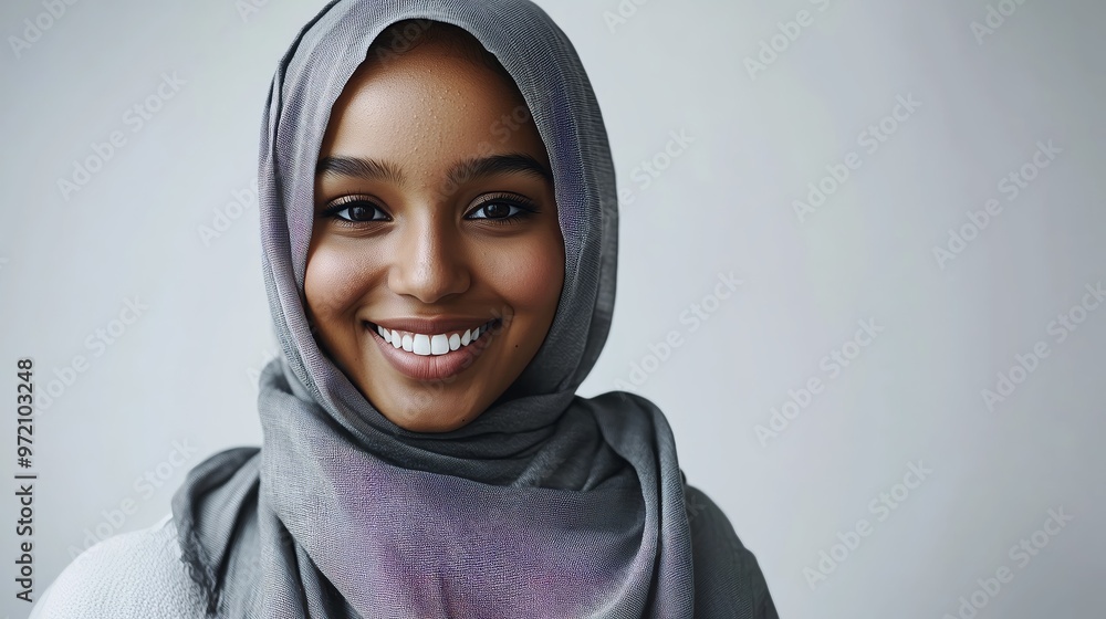 Close-up of a smiling woman wearing a grey hijab, posing against a light background, emphasizing elegance and warmth. Close-up of a smiling woman wearing a grey hijab, posing against a light background, emphasizing elegance and warmth.
