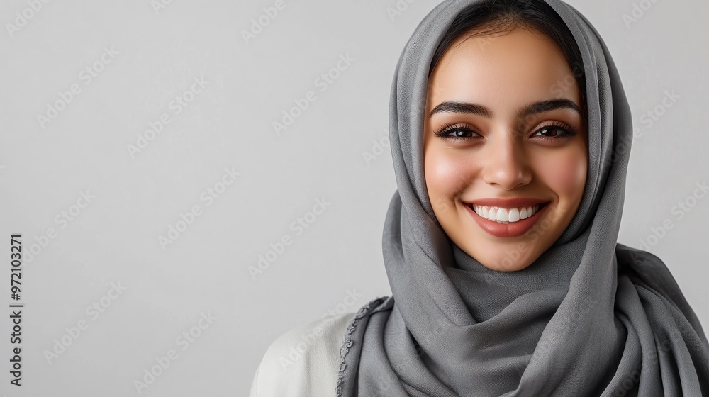 Portrait of a smiling woman wearing a gray hijab with a neutral background, radiating positivity and confidence. Portrait of a smiling woman wearing a gray hijab with a neutral background, radiating positivity and confidence.