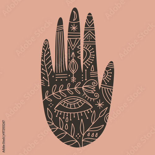 Magical boho patterned hand art mystical meditation witchcraft sacred symbol. Hamsa magical palm with eye shaped amulet inside. Illustration for yoga and reiki, holistic medicine spiritual concepts