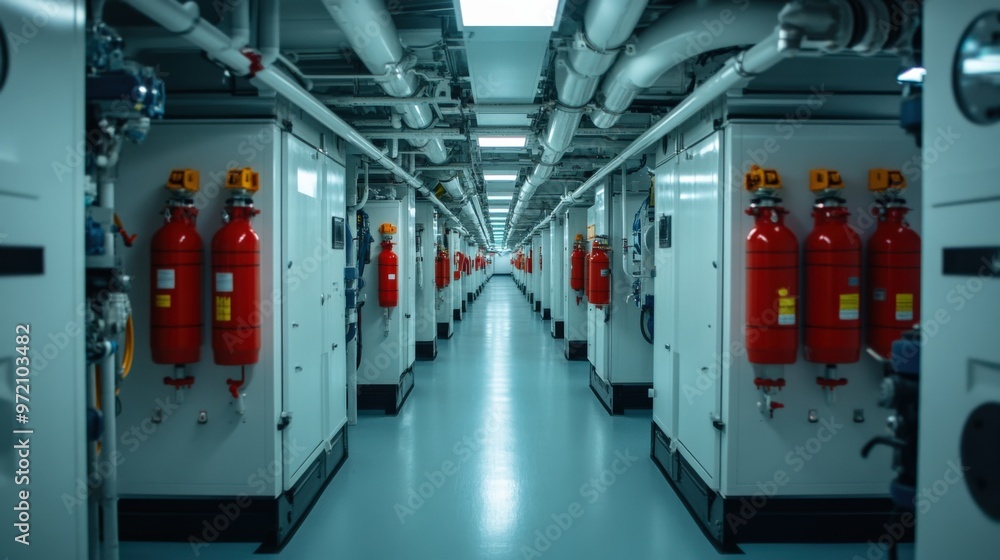 A narrow corridor showcasing fire safety equipment and machinery in a modern industrial facility. A narrow corridor showcasing fire safety equipment and machinery in a modern industrial facility.
