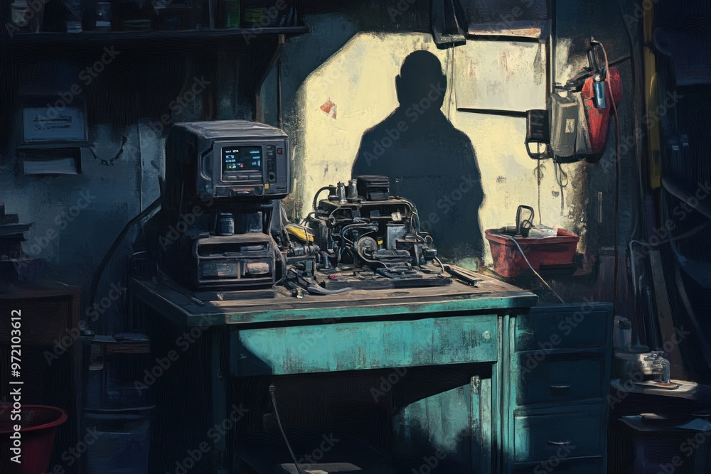 A dimly lit workshop with a silhouette of a person and a machine on a table A dimly lit workshop with a silhouette of a person and a machine on a table
