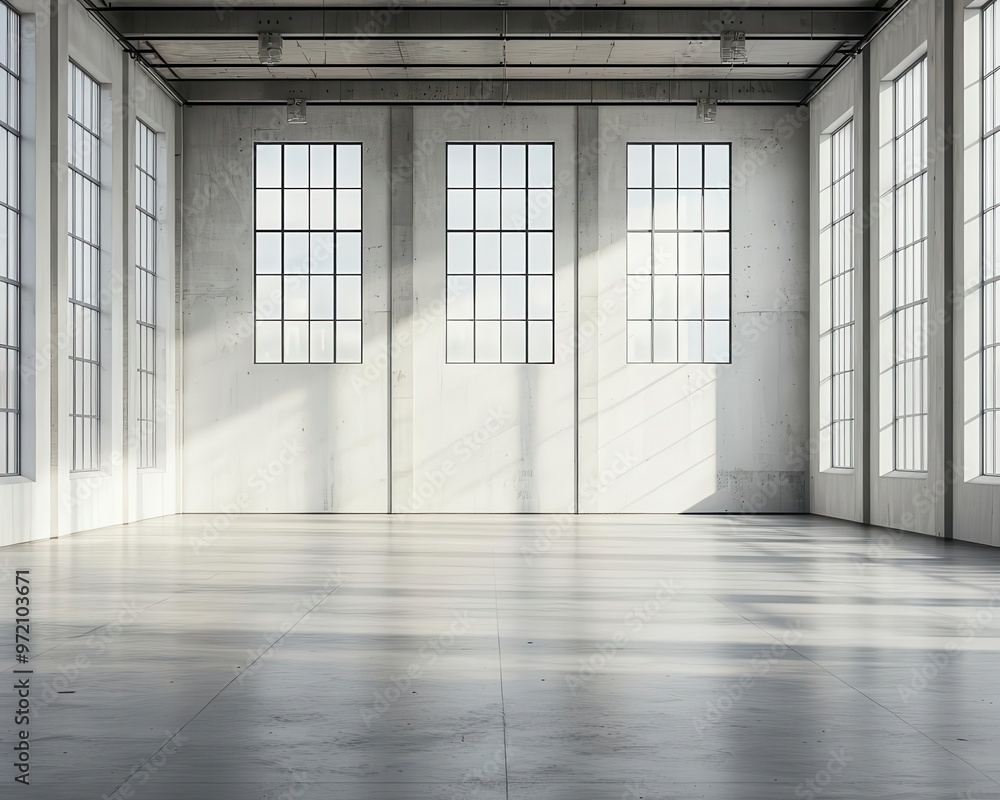 Fototapeta premium Spacious factory interior with high ceilings, large windows allowing natural light, advanced machinery lined neatly, minimalist design