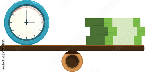 Seesaw balancing a clock and a stack of money, symbolizing the constant struggle between time and wealth