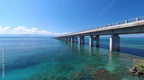 Wallpaper Mural A scenic view of a long bridge extending over clear turquoise waters under a bright blue sky, perfect for serene landscapes. Torontodigital.ca