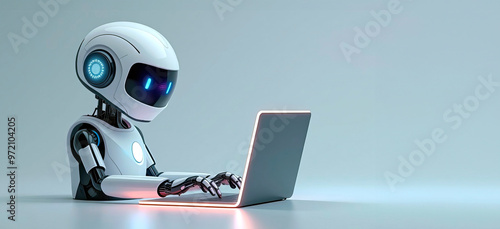 Robot chat bot is using computer laptop, copy space for text, banner. Digital background, futuristic smart technology concept, control by artificial intelligence