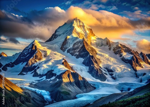 A majestic mountain peak rises above the snowline, its rugged surface shimmering in sunlight, hinting at the vast glaciers hidden beneath the surface. photo