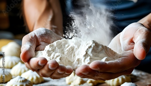 Close-up of hands skillfully sifting white powder, showcasing the art of baking or the meticulous process of sports preparation photo