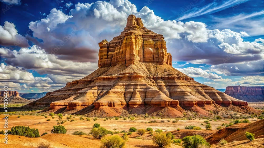 A majestic rock formation rises from the desert's arid landscape, its ...
