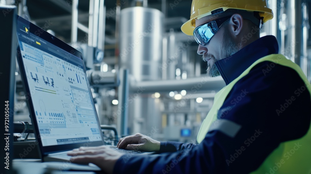 A focused engineer wearing a hard hat and safety goggles works on a computer in an industrial setting, ensuring operational efficiency. A focused engineer wearing a hard hat and safety goggles works on a computer in an industrial setting, ensuring operational efficiency.