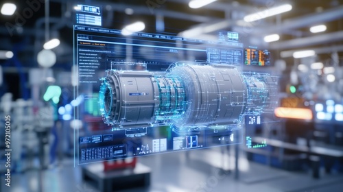 Futuristic digital display of a jet engine in a high-tech manufacturing facility, showcasing advanced technology and engineering.