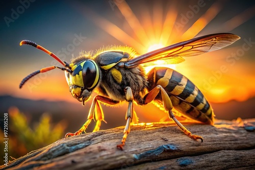 A majestic wasp's armor-plated form glows with a golden sheen, its keen mandibles poised for strike, scouting its kingdom with calculated intensity and precision.