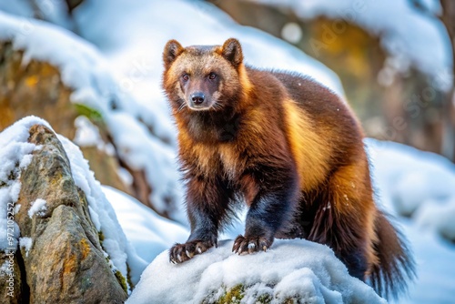 A majestic wolverine stands poised on a snow-covered rock, its powerful legs coiled, sharp claws extended, sniffing crisp winter air. photo