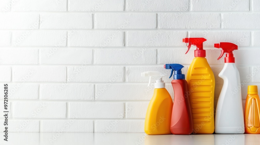 Set of Colorful cleaning products in bathroom,Cleaning product tool ...