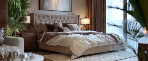 Luxury nicely decorated modern bedroom. Interior design of a brand new house.