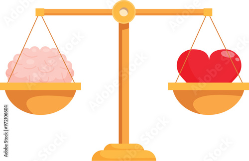 Golden balance scale weighing a red heart and a pink brain representing the balance between logic and feelings