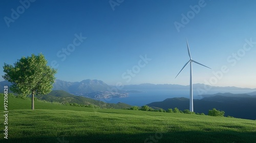 Wind Turbine on Green Hilltop with Sea and Mountain View.