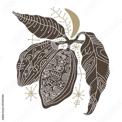 Boho vintage moon cacao illustration, farm logo or label design, organic plant with leaf emblem, beige and brown color badge style label. Mystical ceremony tropical sacred food and drinks new age